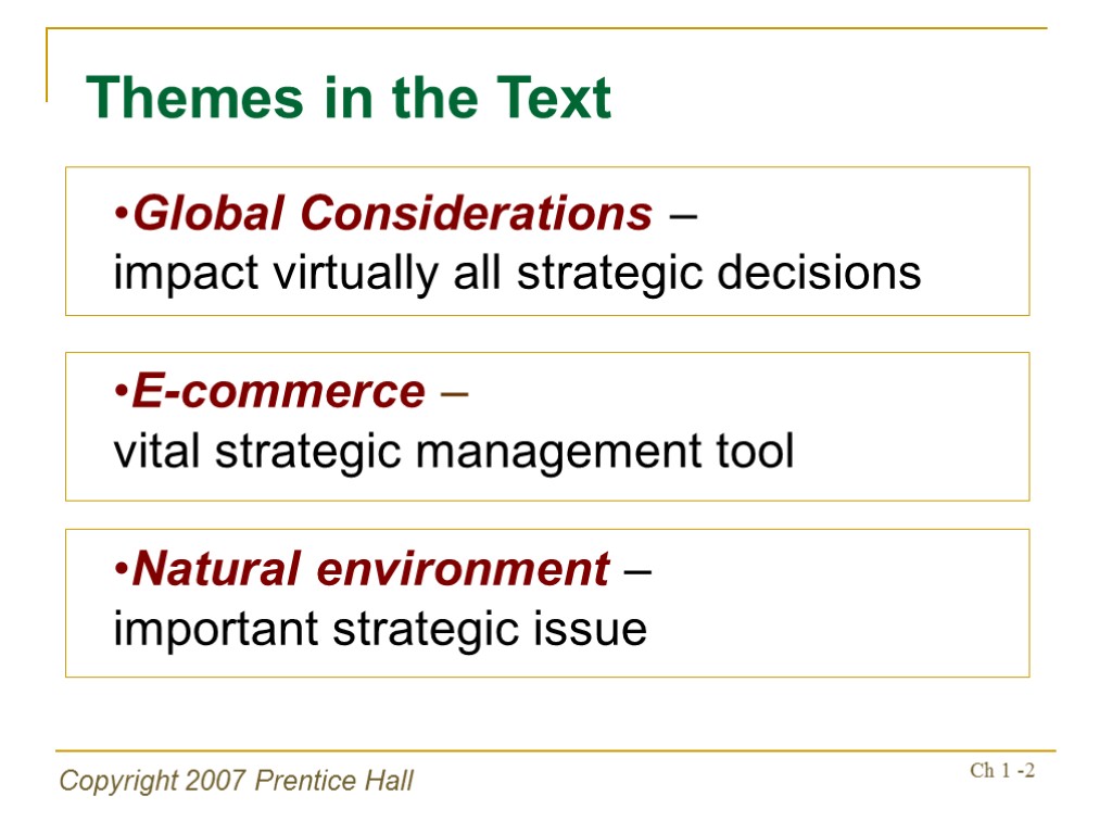 Copyright 2007 Prentice Hall Ch 1 -2 Themes in the Text Global Considerations –